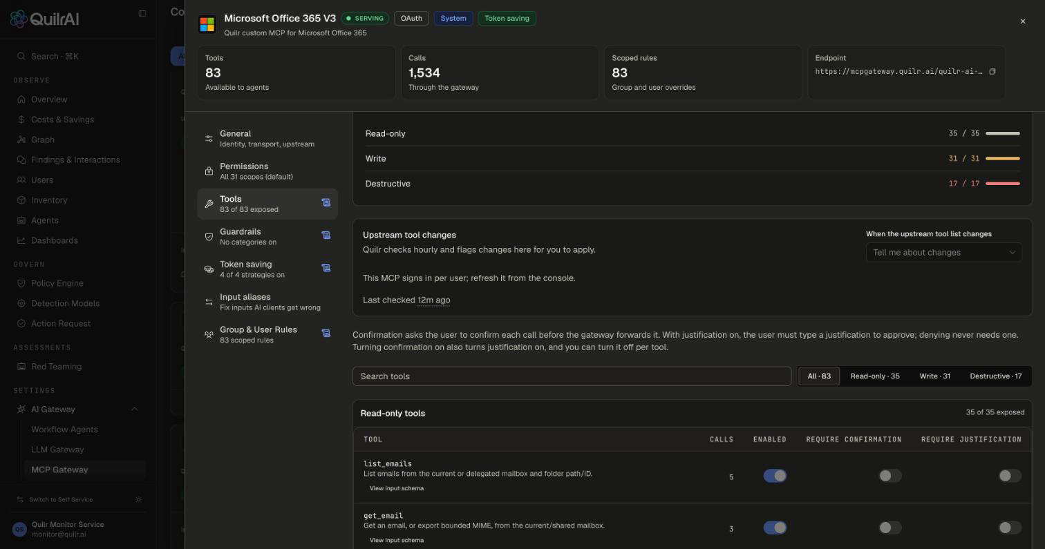 Tools section with the Exposed to agents bar, the upstream tool changes card, and tool tables grouped into read-only, write and destructive tools with Enabled, Require confirmation and Require justification switches