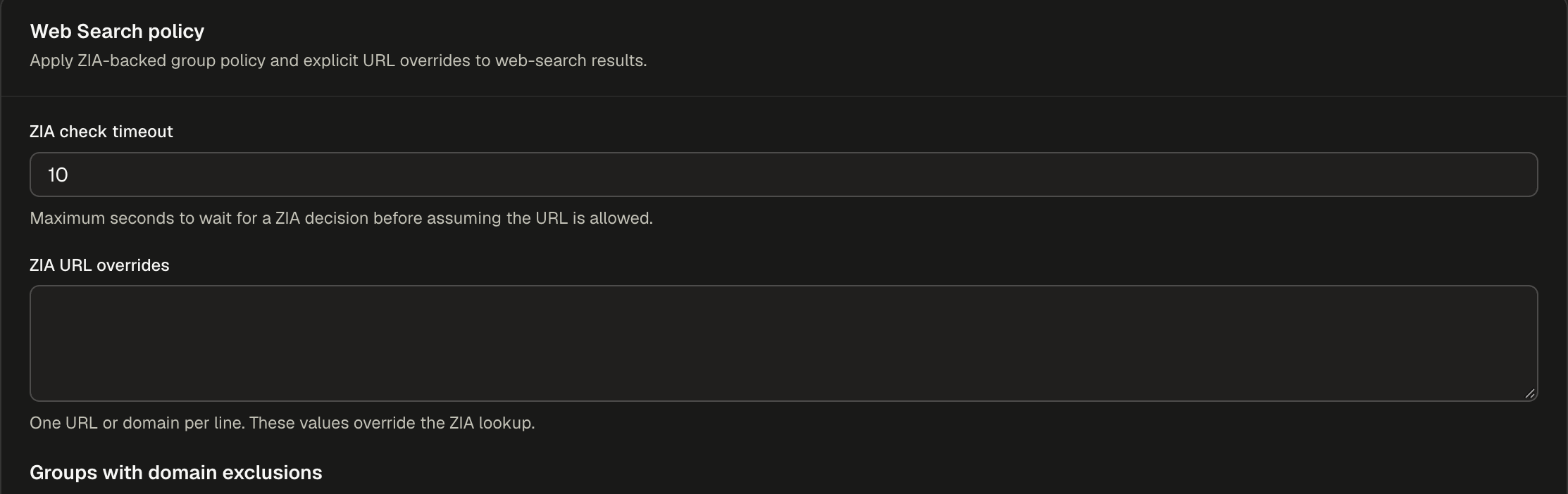 Web Search policy card with ZIA check timeout, ZIA URL overrides and Groups with domain exclusions switches