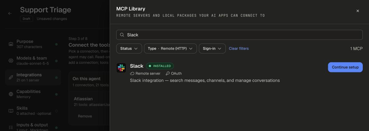 MCP Library drawer filtered to Slack, showing the Slack remote server with OAuth sign-in and a Continue setup button