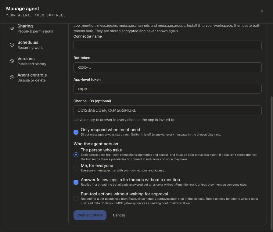 Chat connectors options: Only respond when mentioned, Who the agent acts as, Answer follow-ups in its threads without a mention, and Run tool actions without waiting for approval