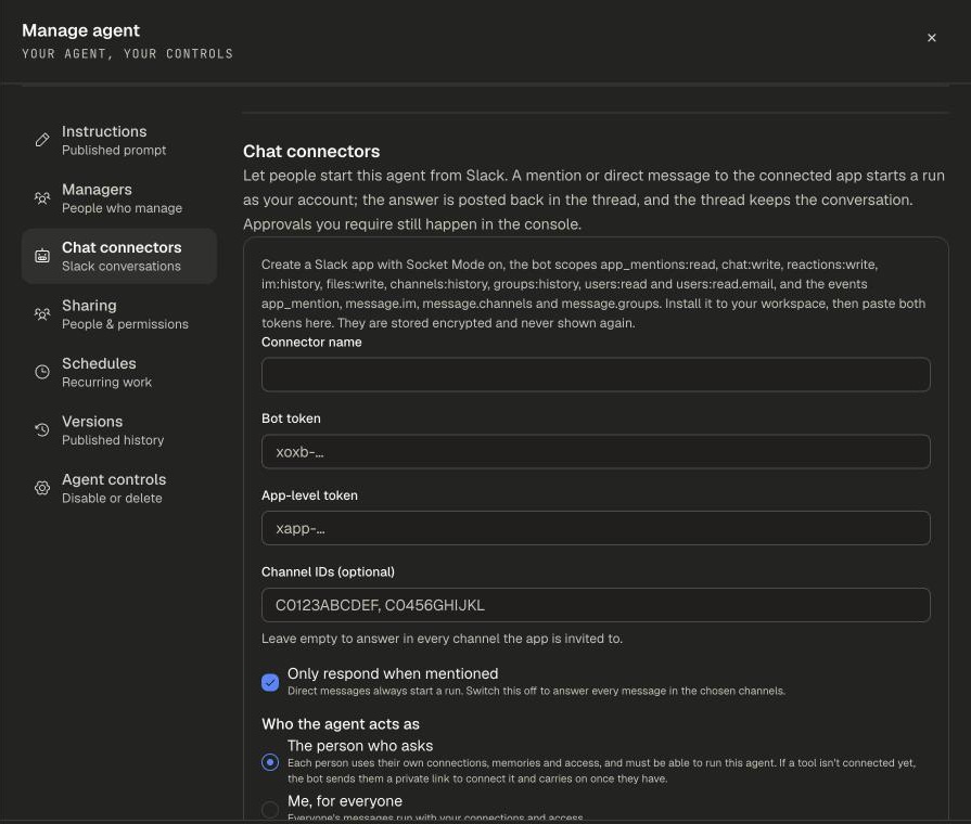 Chat connectors form with the Slack app requirements, Connector name, Bot token, App-level token and Channel IDs fields