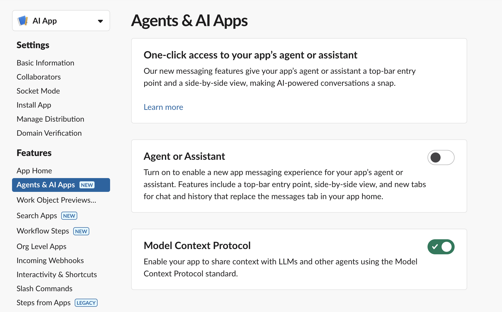 Slack app settings showing the Model Context Protocol feature toggle