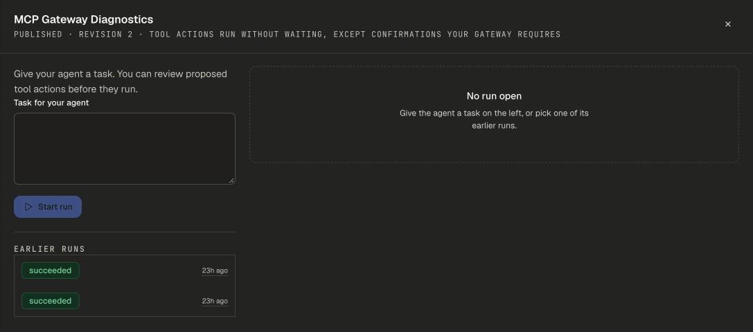 Start a task panel with the Task for your agent box, Start run, and the agent's earlier runs