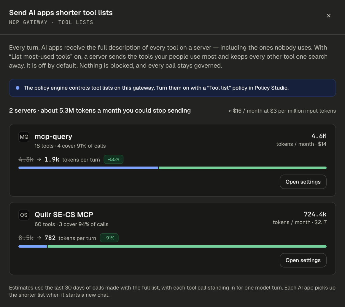 Send AI apps shorter tool lists drawer listing mcp-query and Quilr SE-CS MCP with tokens per turn before and after and Open settings buttons