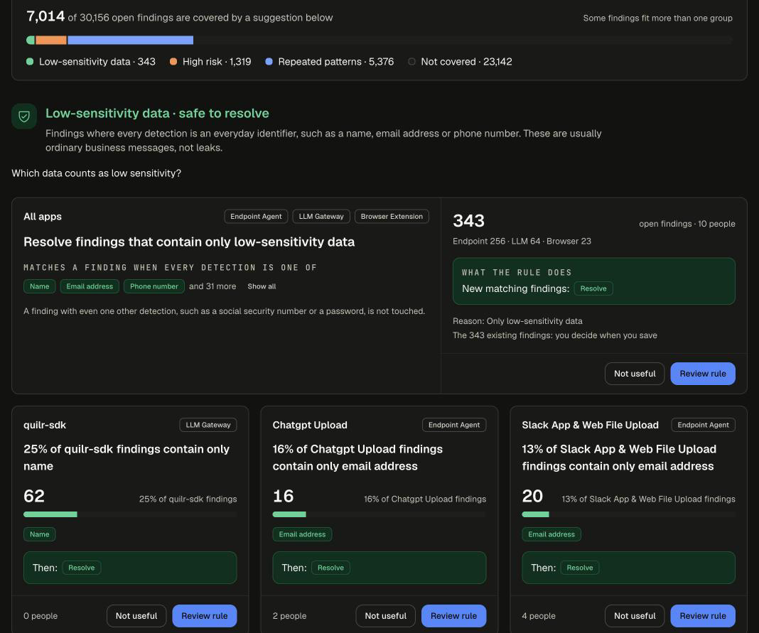Suggested rules with the coverage bar and the Low-sensitivity data, safe to resolve group, showing a rule that resolves findings containing only everyday identifiers