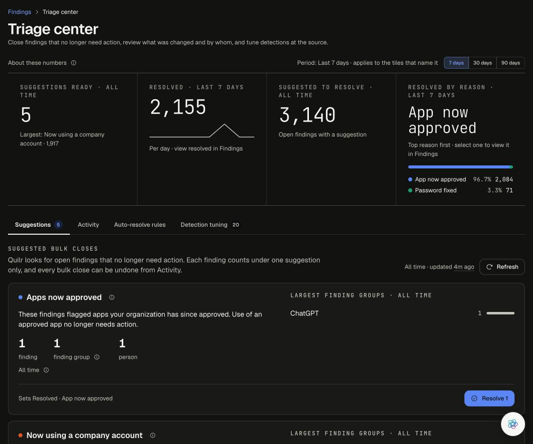 Triage center with the four headline tiles and the Suggestions, Activity, Auto-resolve rules and Detection tuning tabs