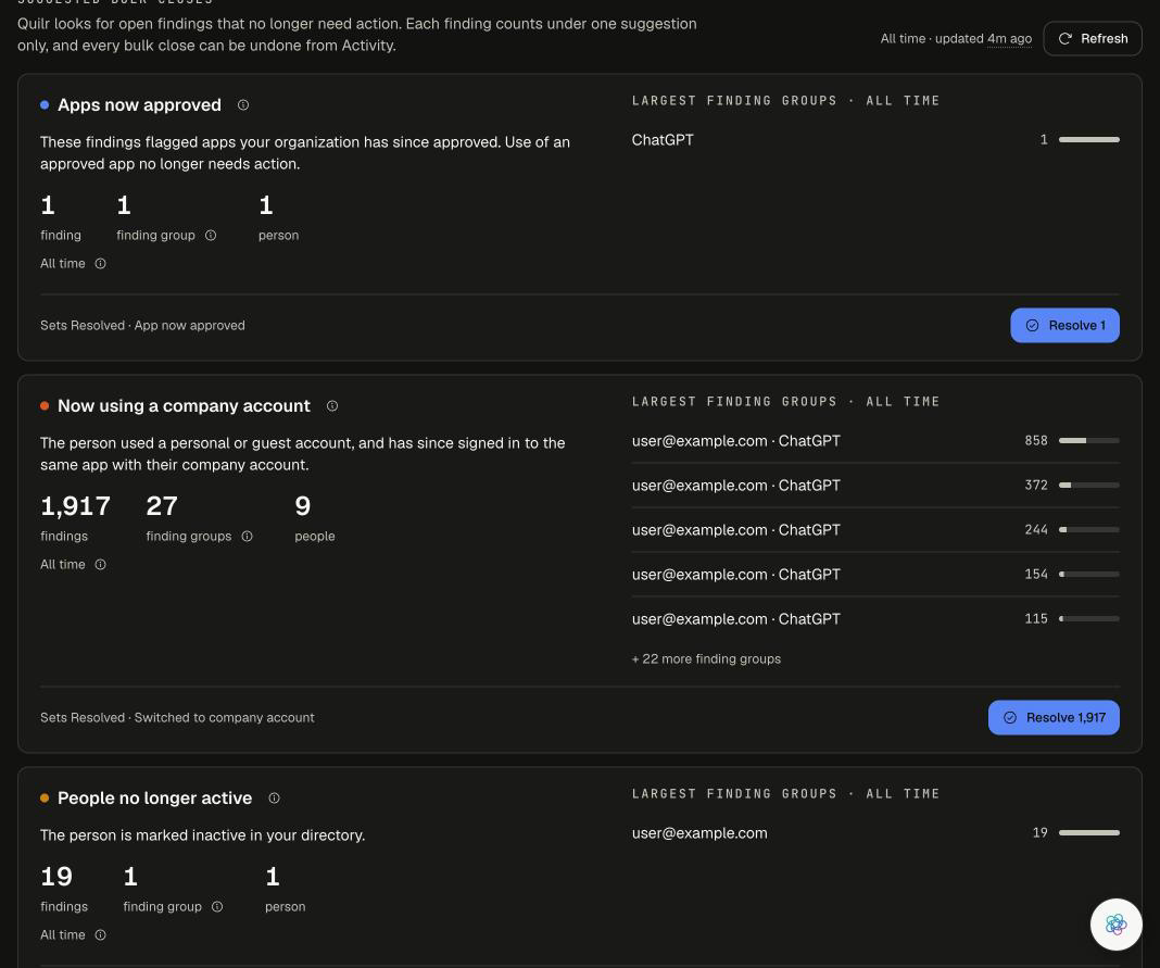 Suggestion cards for Apps now approved, Now using a company account and People no longer active, each with counts, the largest finding groups and a Resolve button