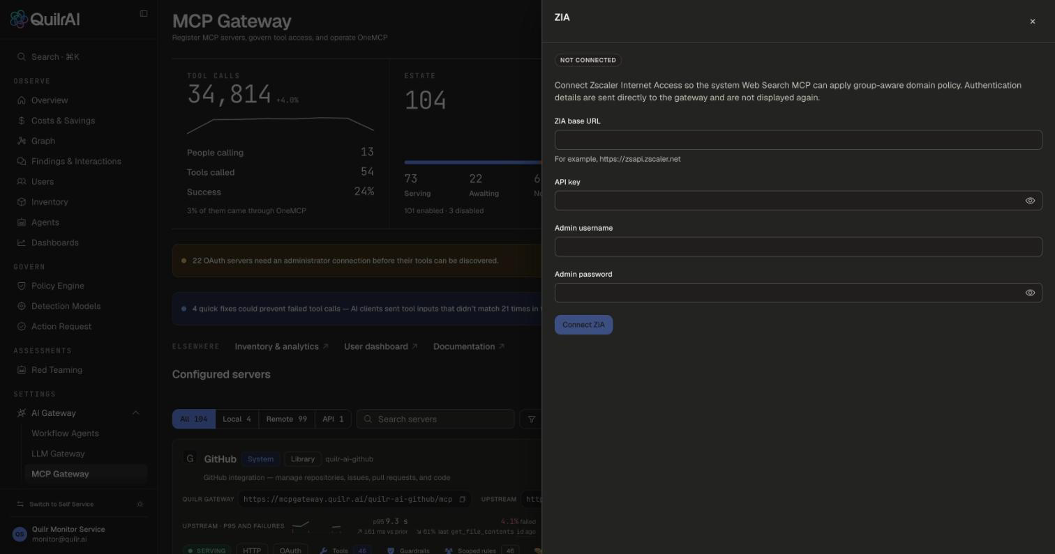 ZIA integration panel with Not connected status, ZIA base URL, API key, Admin username, Admin password and Connect ZIA