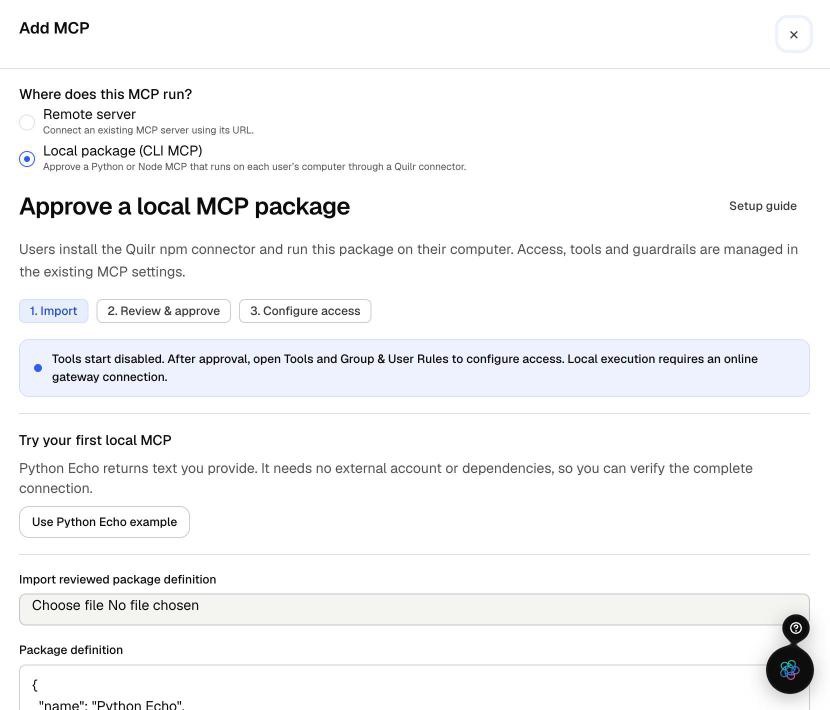 Add MCP panel with Local package selected, showing the Import, Review and approve, and Configure access steps