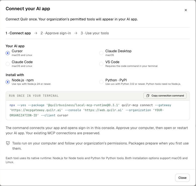 Connect your AI app dialog with Cursor and Node.js npm selected, showing the connection command